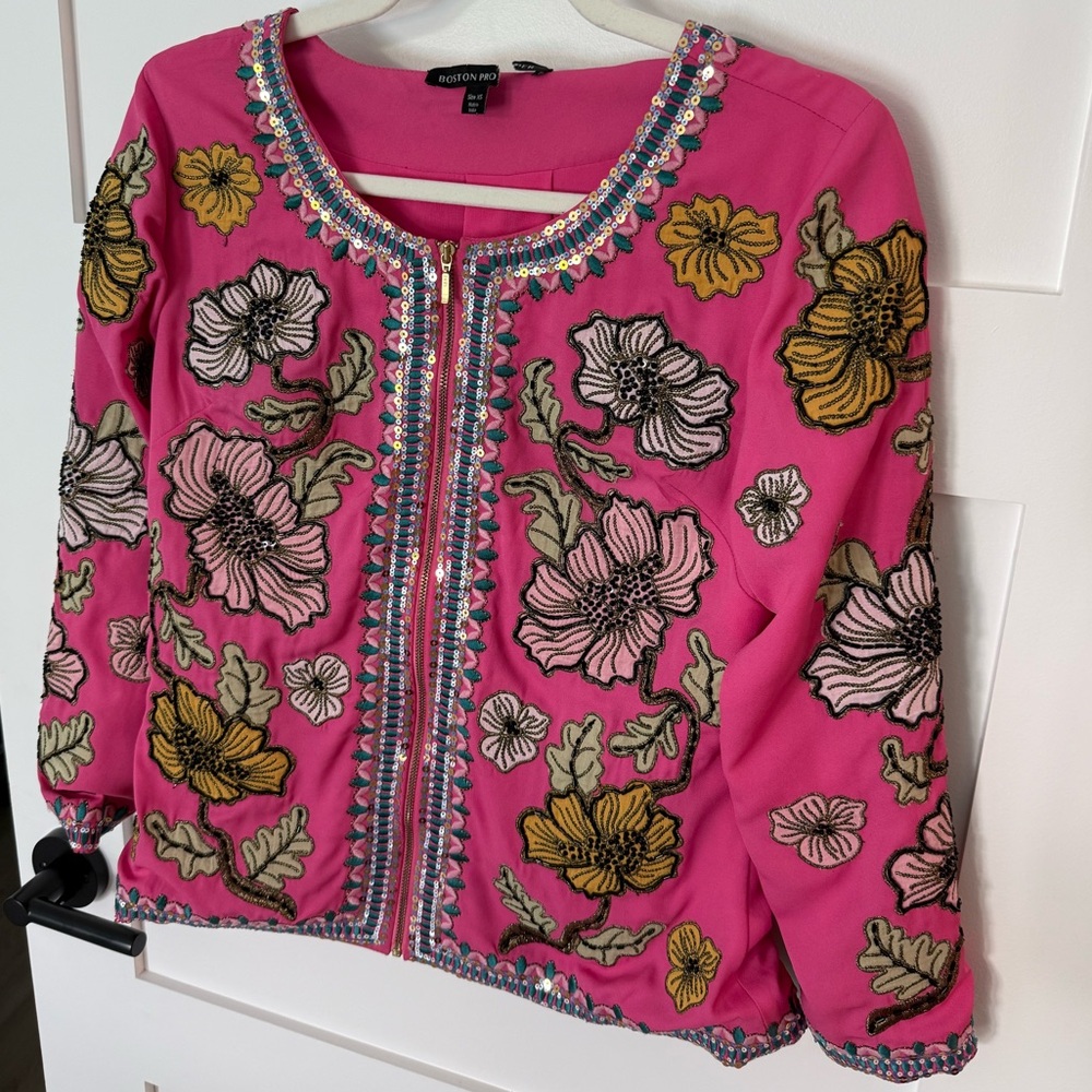 Pink Floral Embroidered Beaded Sequin Jacket